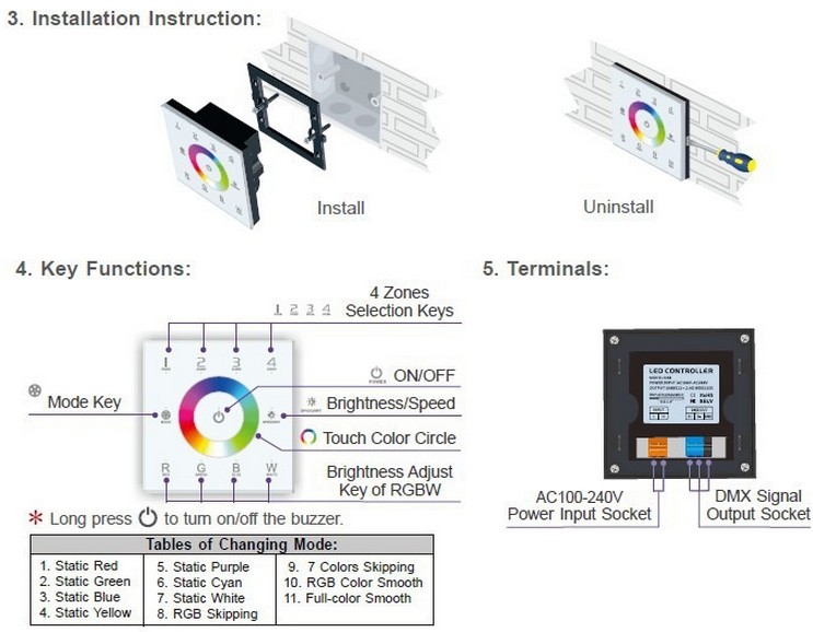 DX8_RGBW_RGB_LED_Controller_Touch_Panel_4_Zones_RF_2.4G_DMX512_control_user_manual