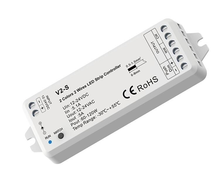 V2-S Skydance Led Controller 1CH*5A 12-24VDC 2-Wires WW+CW CCT CV Controller