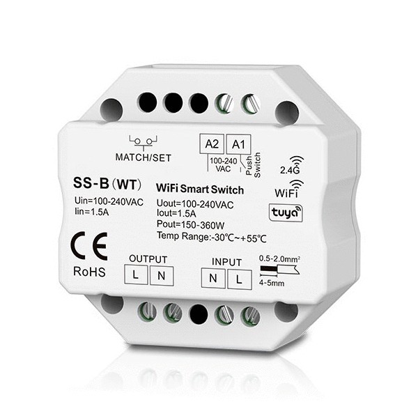 SS-B(WT) 1CH 1.5A WiFi RF Push Switch Skydance Led Controller Tuya App 100-240V AC